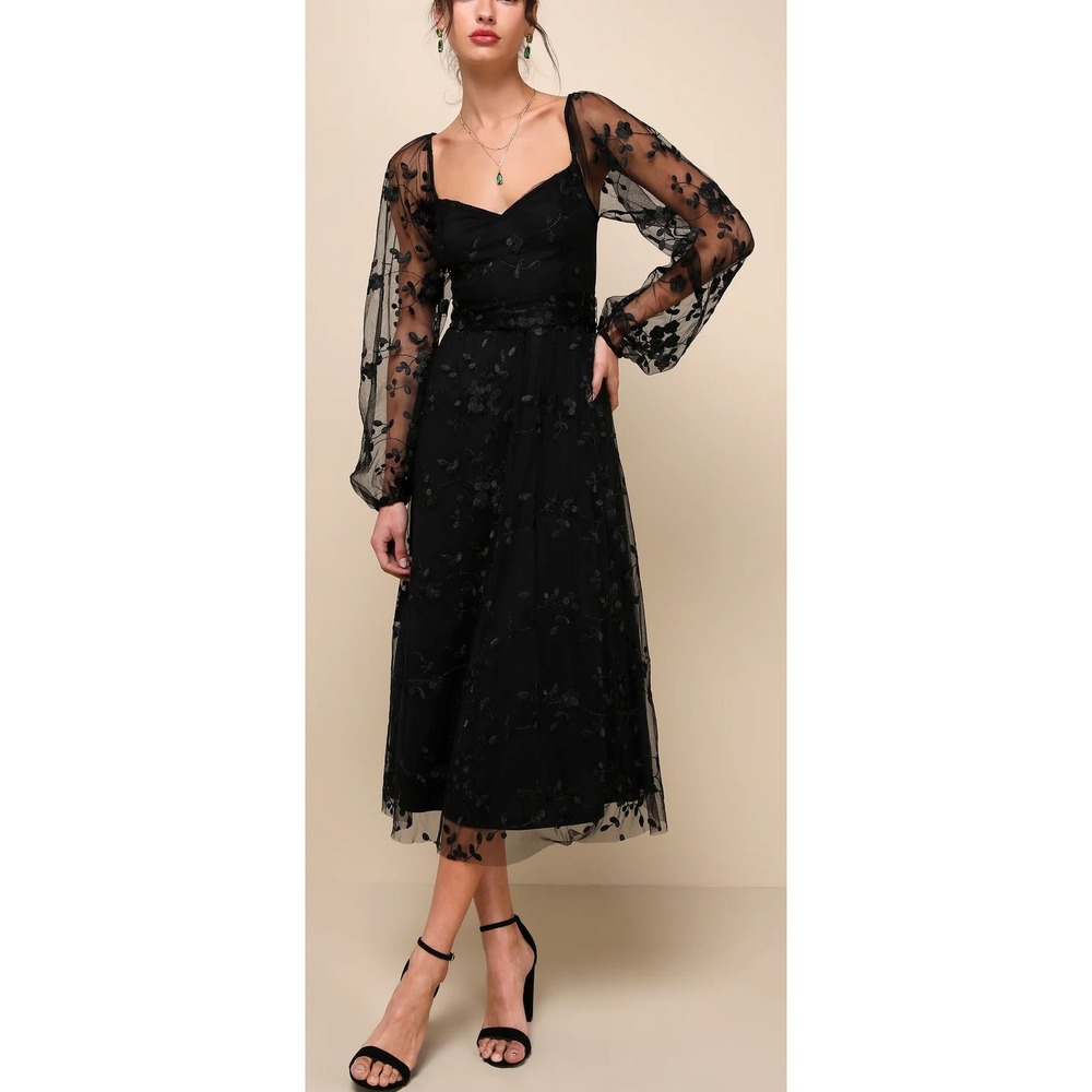 NWT Lulus Darling Charisma Black Mesh Embroidered Midi Dress Sz Large